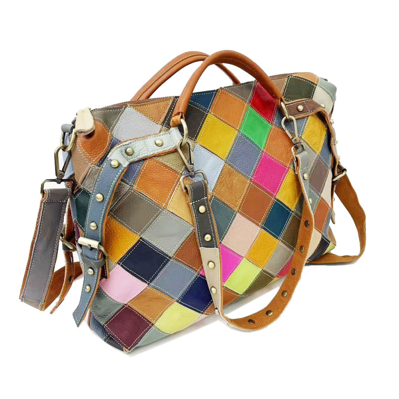 Ženska torbica od prave kože, velika zapremina, šaren patchwork dizajn, na ramenu ili crossbody
