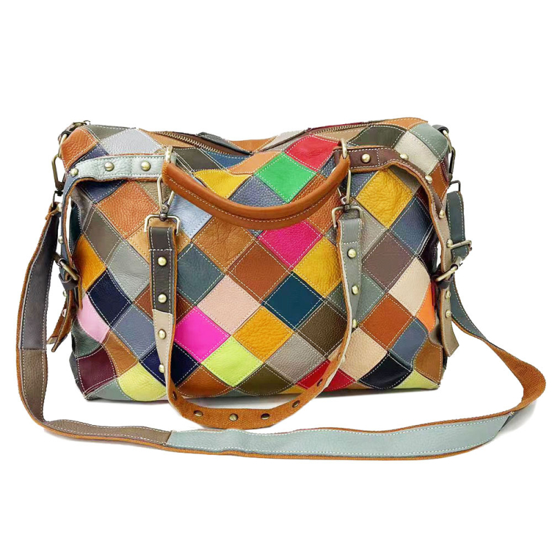 Ženska torbica od prave kože, velika zapremina, šaren patchwork dizajn, na ramenu ili crossbody