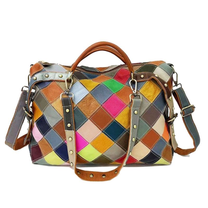 Ženska torbica od prave kože, velika zapremina, šaren patchwork dizajn, na ramenu ili crossbody
