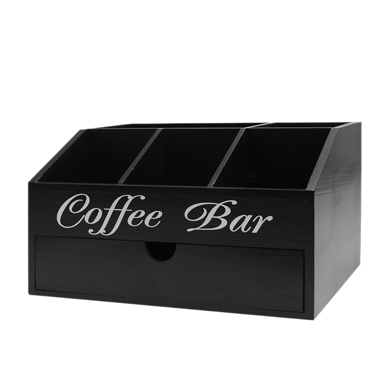 Cutie de depozitare cafea din lemn masiv, cu mai multe compartimente, organizator de bar pentru birou, cu sertar și divizoare