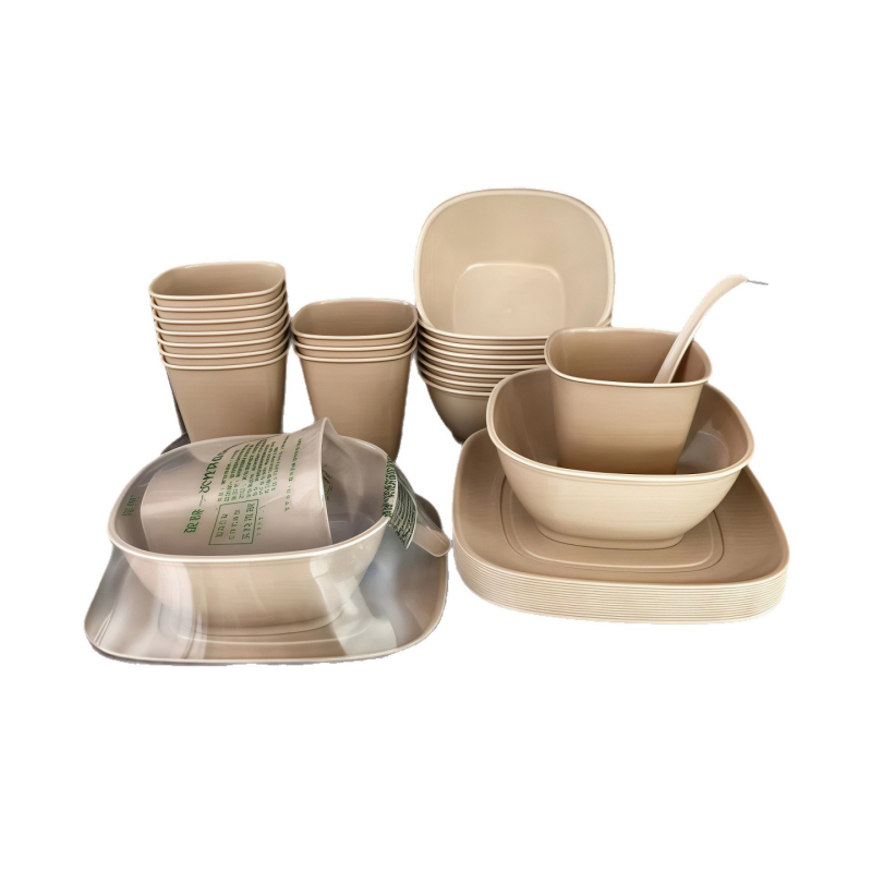 Set de veselă de unică folosință din coajă de orez, patru piese, ambalare individuală, formă pătrată, cești, boluri, farfurii și linguri, pentru banchete și restaurante