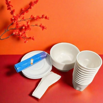 Set de zece piese de veselă de unică folosință din fibre de coajă de orez, biodegradabil, de calitate alimentară, boluri, căni, linguri și farfurii pentru călătorii de primăvară