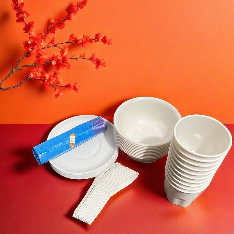 Set de zece piese de veselă de unică folosință din fibre de coajă de orez, biodegradabil, de calitate alimentară, boluri, căni, linguri și farfurii pentru călătorii de primăvară