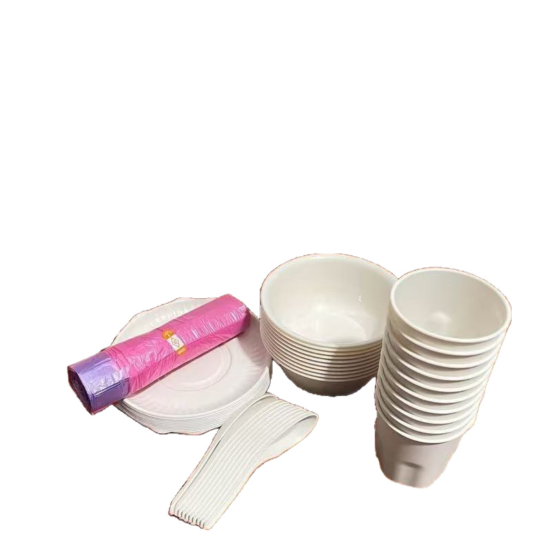 Set de zece piese de veselă de unică folosință din fibre de coajă de orez, biodegradabil, de calitate alimentară, boluri, căni, linguri și farfurii pentru călătorii de primăvară