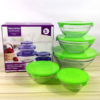 Set de 5 boluri din sticlă cu capace – recipiente versatile pentru păstrarea alimentelor acasă