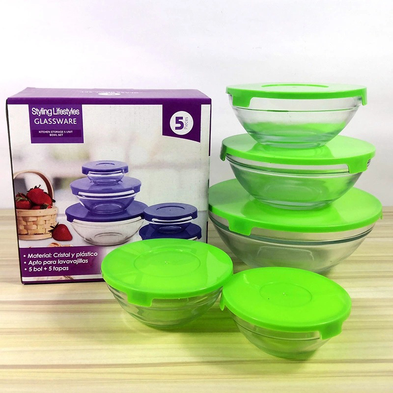 Set de 5 boluri din sticlă cu capace – recipiente versatile pentru păstrarea alimentelor acasă