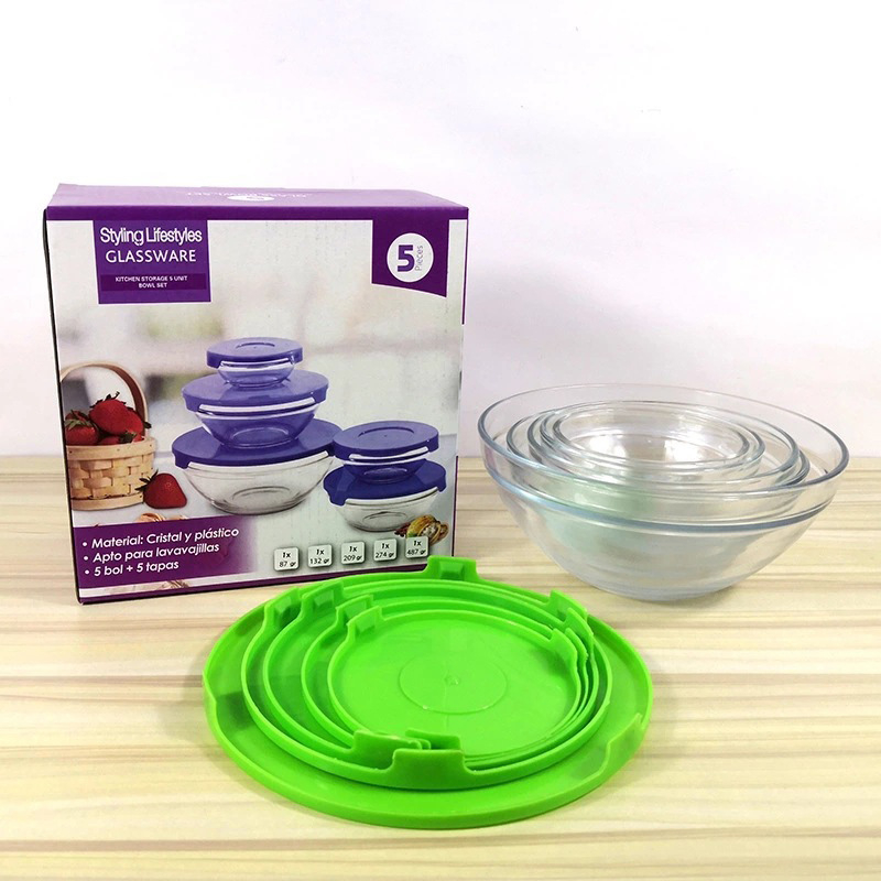 Set de 5 boluri din sticlă cu capace – recipiente versatile pentru păstrarea alimentelor acasă