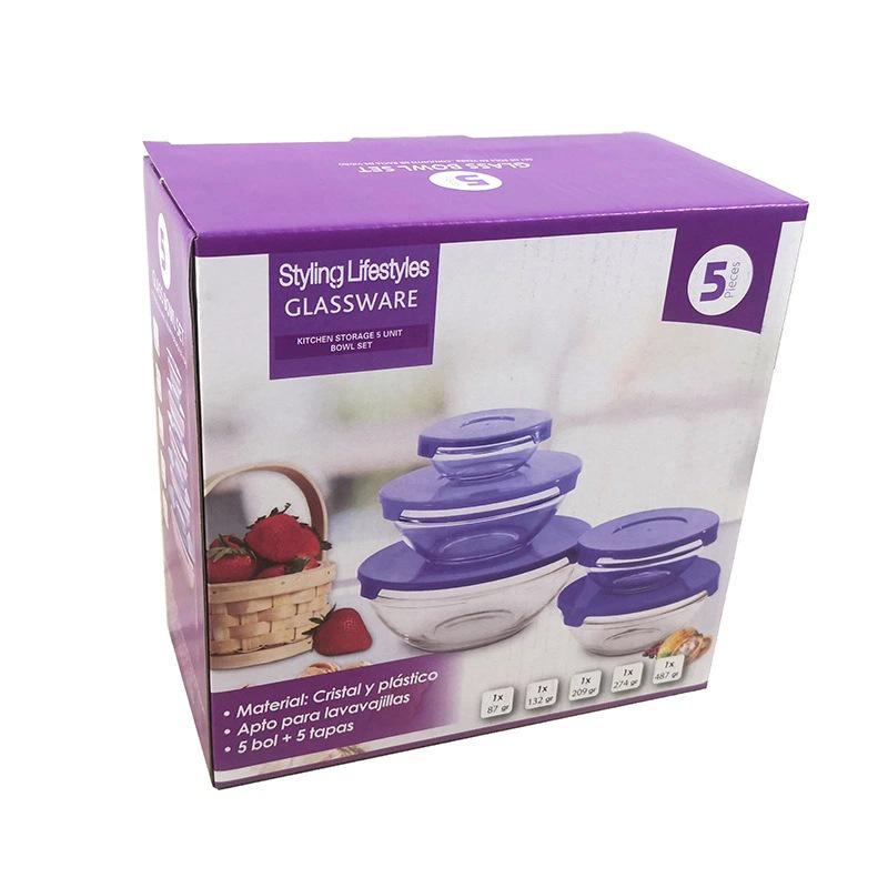 Set de 5 boluri din sticlă cu capace – recipiente versatile pentru păstrarea alimentelor acasă