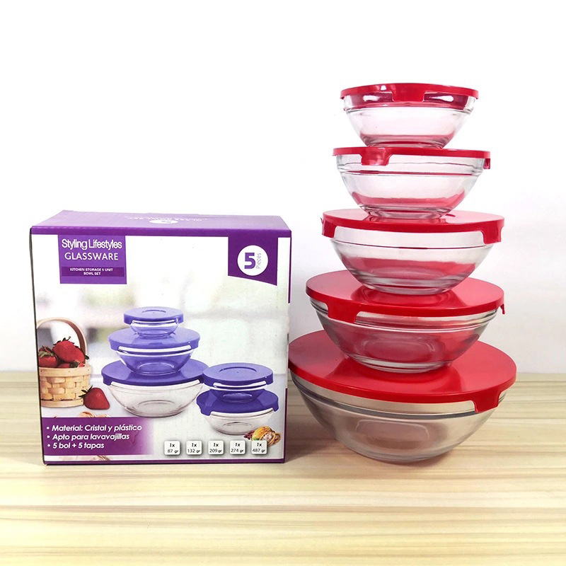 Set de 5 boluri din sticlă cu capace – recipiente versatile pentru păstrarea alimentelor acasă
