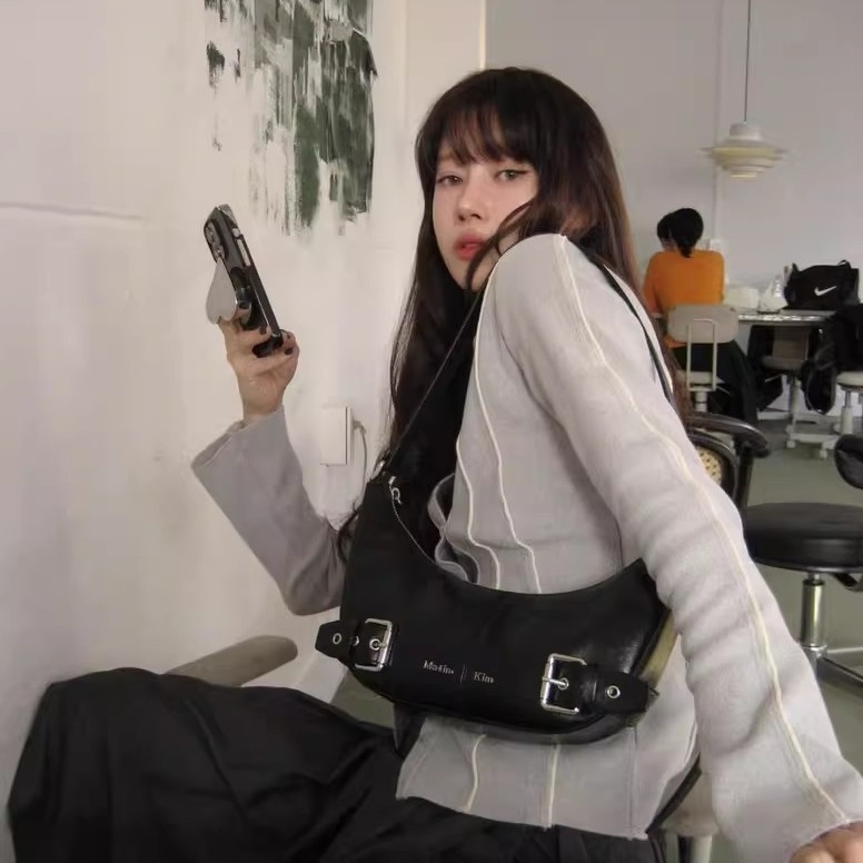 Korejska niša crossbody torbica tip sedlo s retro kopčom za pojas, PU materijal, dizajn ispod pazuha s polumjesecem