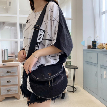 Ženska crossbody torbica s dvostrukim zatvaračima, mreža sa šljokicama, sedlasta torbica, široka naramenica, korejski stil