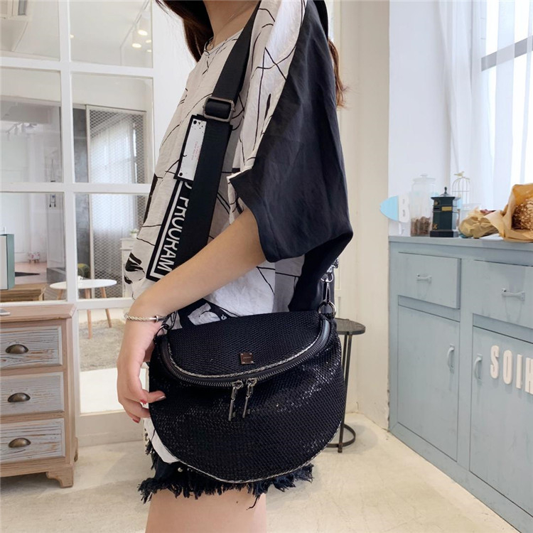 Ženska crossbody torbica s dvostrukim zatvaračima, mreža sa šljokicama, sedlasta torbica, široka naramenica, korejski stil