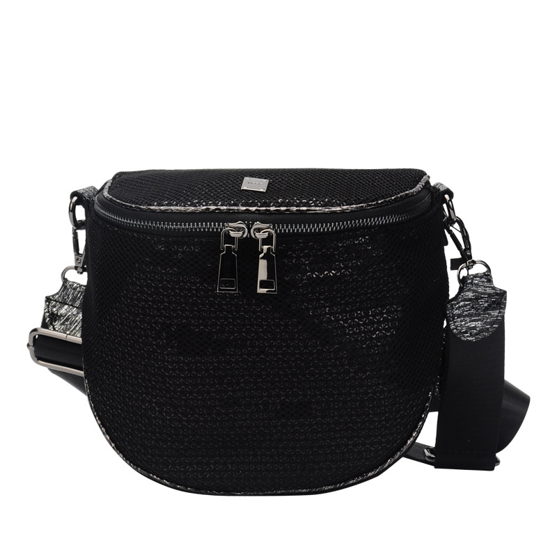 Ženska crossbody torbica s dvostrukim zatvaračima, mreža sa šljokicama, sedlasta torbica, široka naramenica, korejski stil