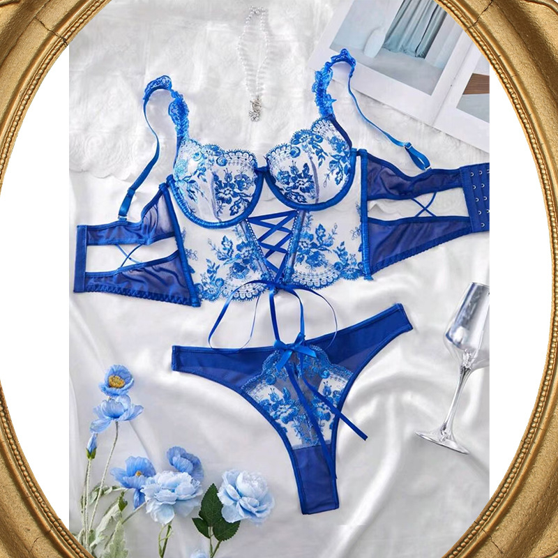 Ženski seksi set donjeg rublja od prozirne mreže s podstavom i bogatim izvezom dezenom
