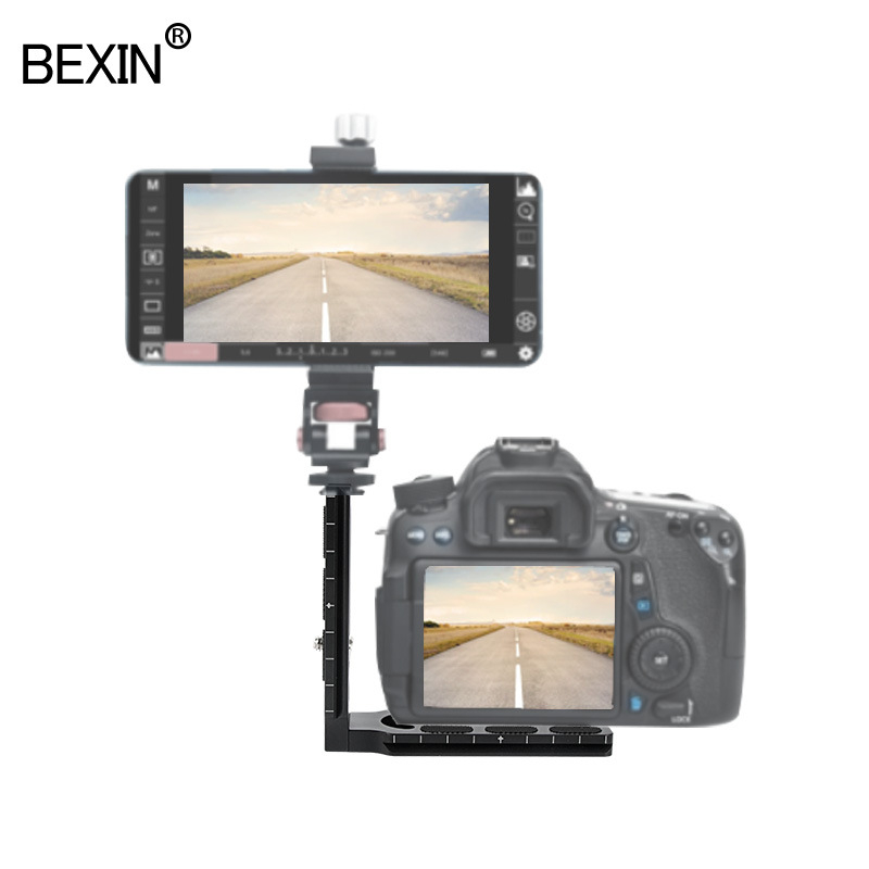 Aluminijska ploča za brzi montaž DSLR kamere na glavu stativa s hot‑shoem, vertikalno snimanje, kompatibilna s CamFi L pločom.