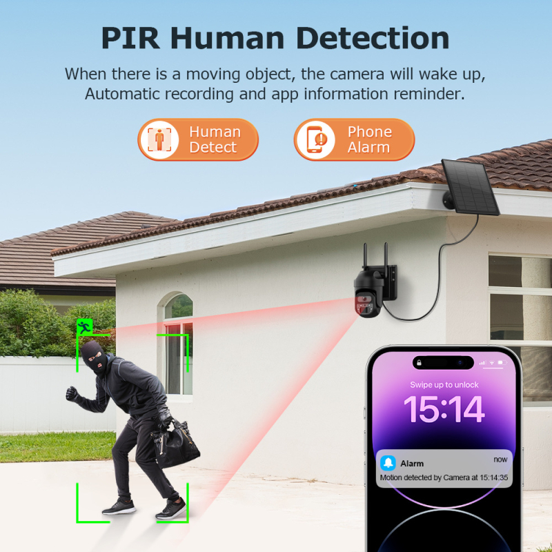 Cameră de supraveghere WiFi alimentată cu energie solară, vizionare nocturnă color, HD, economie de energie, cameră PTZ exterior