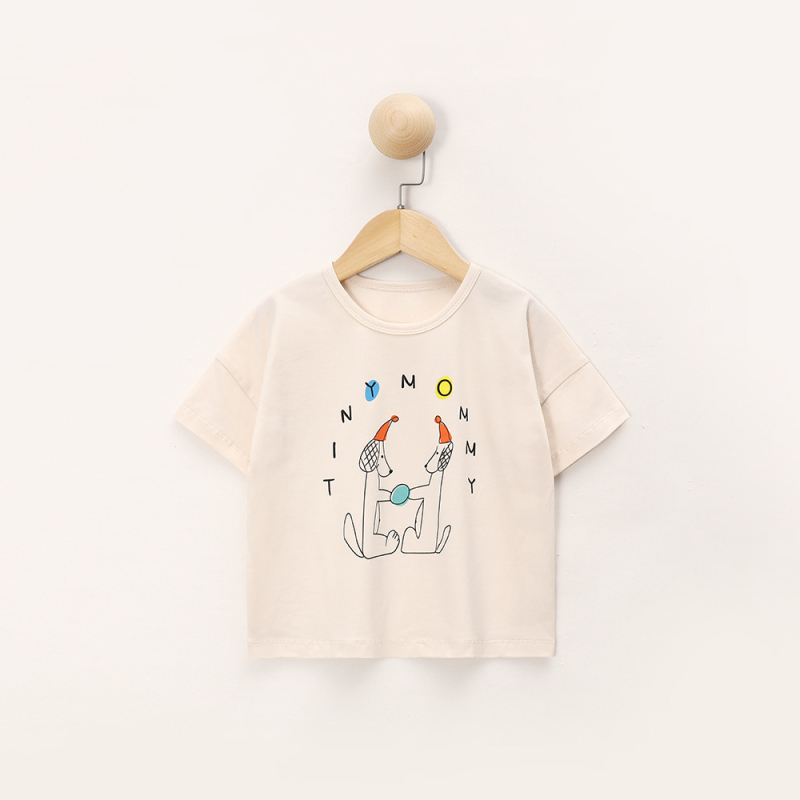 Gyermekeknek készült rövid ujjú pamut póló Nordic-Inspired stílusban, kerek nyakú, nyárra, cartoon mintával