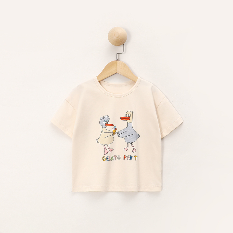 Gyermekeknek készült rövid ujjú pamut póló Nordic-Inspired stílusban, kerek nyakú, nyárra, cartoon mintával