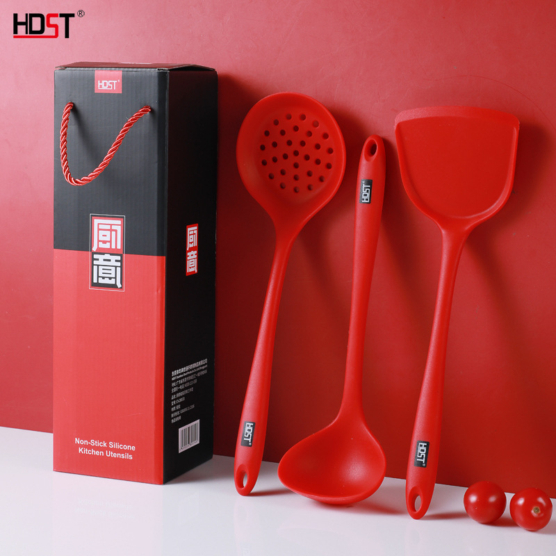 Set din silicon pentru bucătărie: spatule pentru tigăi antiaderente, spatulă cu găuri și lingură de supă – materiale alimentare, rezistente la temperaturi înalte