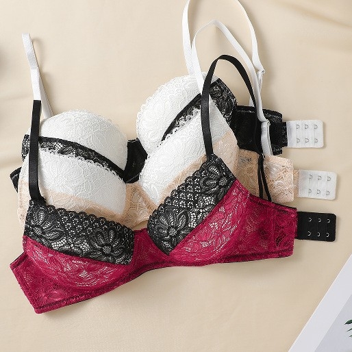 Plus-size grudnjak s čipkom na leđima i kontrastnom bojom, 3/4 košarice, push-up, fiksne naramenice