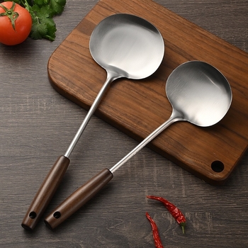 Spatulă retro pentru ciuperci, mâner din lemn, oțel inoxidabil, ustensilă de bucătărie cu mâner lung