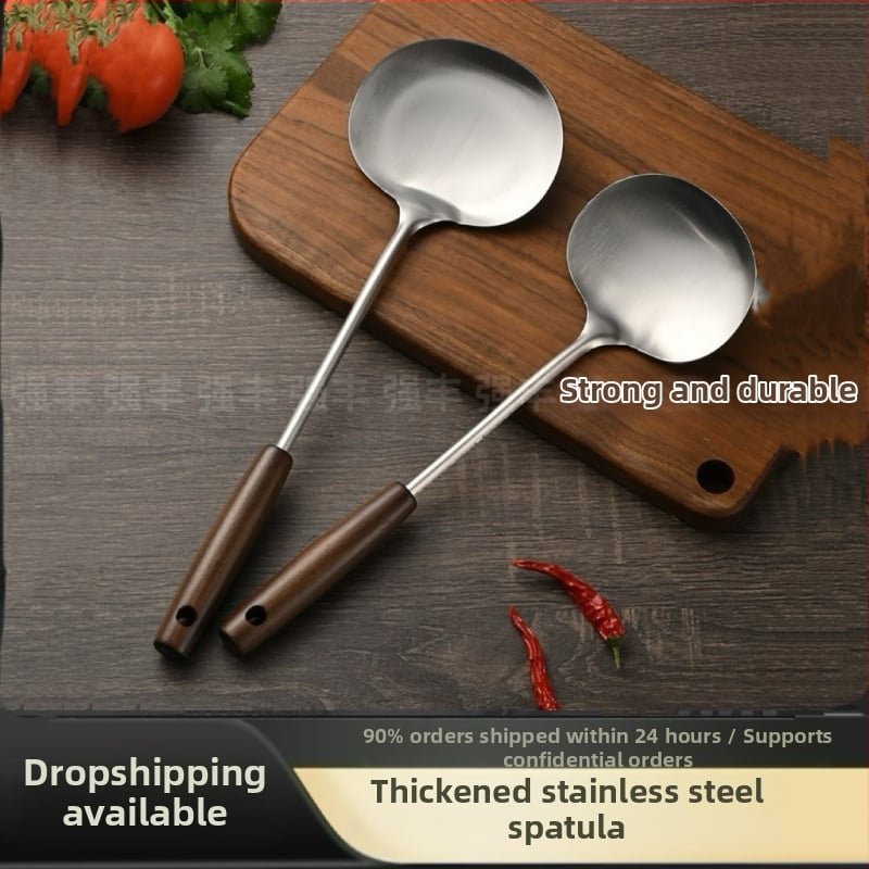 Spatulă retro pentru ciuperci, mâner din lemn, oțel inoxidabil, ustensilă de bucătărie cu mâner lung