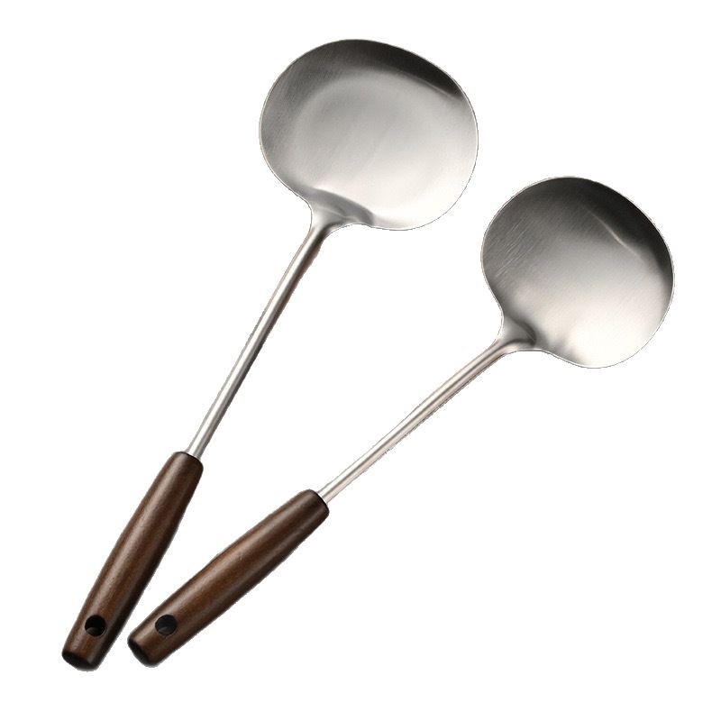 Spatulă retro pentru ciuperci, mâner din lemn, oțel inoxidabil, ustensilă de bucătărie cu mâner lung