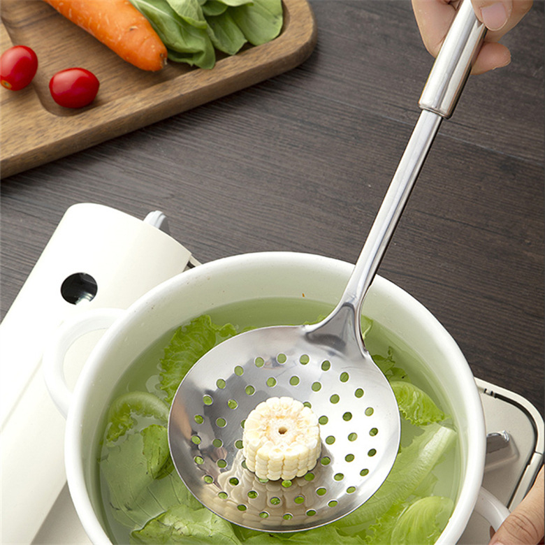 Set de ustensile de bucătărie din oțel inoxidabil, îmbunătățit: spatulă pentru wok, lingură, lingură cu site, lingură pentru orez și furculiță de carne