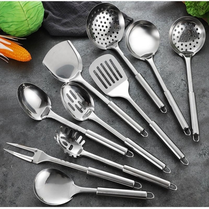 Set de ustensile de bucătărie din oțel inoxidabil, îmbunătățit: spatulă pentru wok, lingură, lingură cu site, lingură pentru orez și furculiță de carne