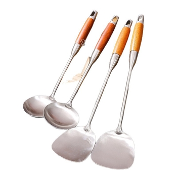 Spatulă cu mâner din lemn de trandafir și cap din oțel inoxidabil nemagnetic, cu cap gros pentru gătit casnic, potrivită pentru prăjit și sotat