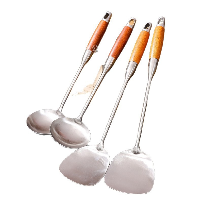 Spatulă cu mâner din lemn de trandafir și cap din oțel inoxidabil nemagnetic, cu cap gros pentru gătit casnic, potrivită pentru prăjit și sotat