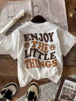 Gyerekeknek szóló rövid ujjú póló 'Enjoy the Little Things' feliratos printtel, laza szabás, kerek nyakú
