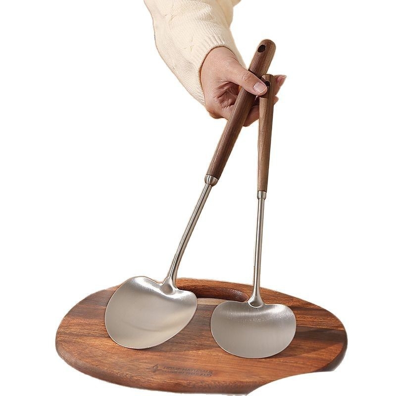 Spatulă pentru ciuperci din oțel inoxidabil, cu mâner din lemn de nuc, mâner lung, ustensilă de bucătărie pentru prăjit și supă
