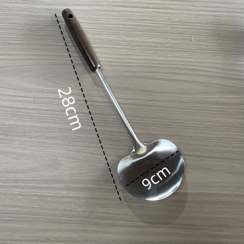 Spatulă pentru ciuperci din oțel inoxidabil, cu mâner din lemn de nuc, mâner lung, ustensilă de bucătărie pentru prăjit și supă