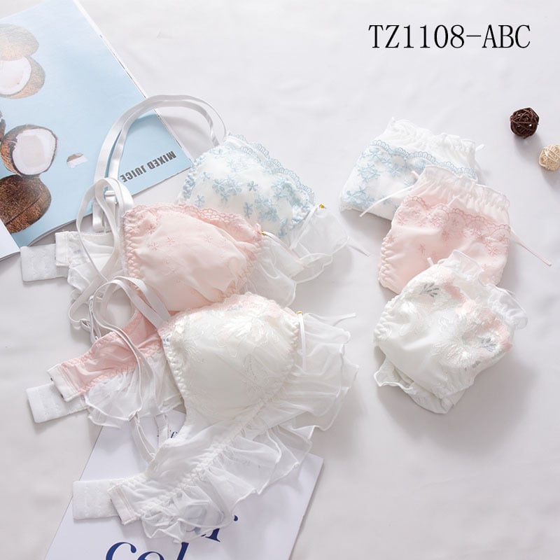 Ženski set donjeg rublja u japanskom stilu, bez žice, trokutasti košarice, izvezeni Ice Silk grudnjak u kompletu, školski stil, prirodan izgled
