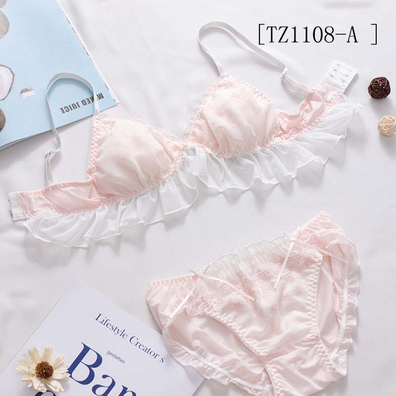 Ženski set donjeg rublja u japanskom stilu, bez žice, trokutasti košarice, izvezeni Ice Silk grudnjak u kompletu, školski stil, prirodan izgled
