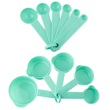 Set de 10 linguri și căni de măsurat din plastic, cu scală, pentru cofetărie; include lingură pentru pudră de lapte.