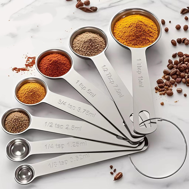 Set de 6 linguri măsurătoare din oțel inoxidabil, cu marcaje, pentru coacere, gătit și cafea
