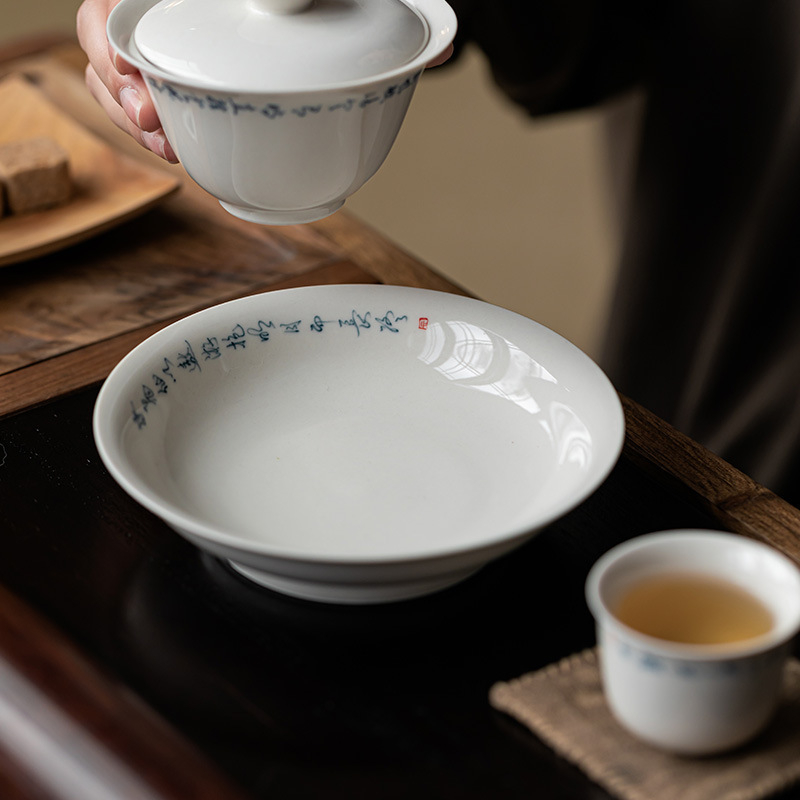 Covoraș ceramic pentru ceai cu design din cenușă vegetală și versuri scrise de mână, accesorii pentru ceainic și ansamblu de ceai lucrat manual