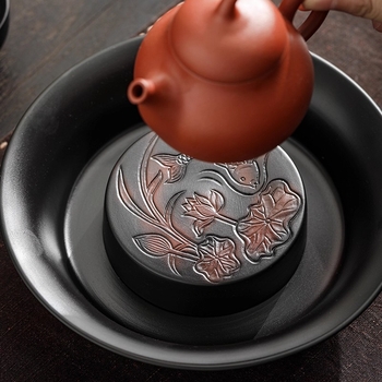 Tavă de ceai din ceramică purpurie cu pește care se joacă într-un iaz cu lotus, tavă rotundă în stil chinezesc, accesorii pentru setul de ceai de uz casnic