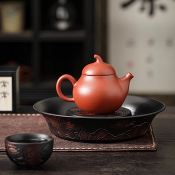 Tavă de ceai din ceramică purpurie cu pește care se joacă într-un iaz cu lotus, tavă rotundă în stil chinezesc, accesorii pentru setul de ceai de uz casnic