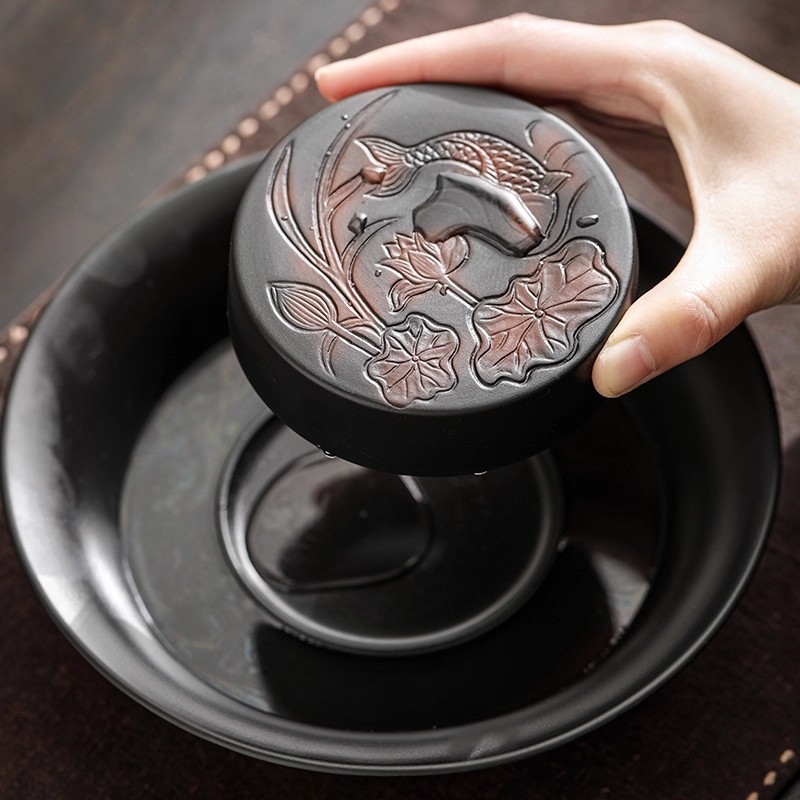 Tavă de ceai din ceramică purpurie cu pește care se joacă într-un iaz cu lotus, tavă rotundă în stil chinezesc, accesorii pentru setul de ceai de uz casnic