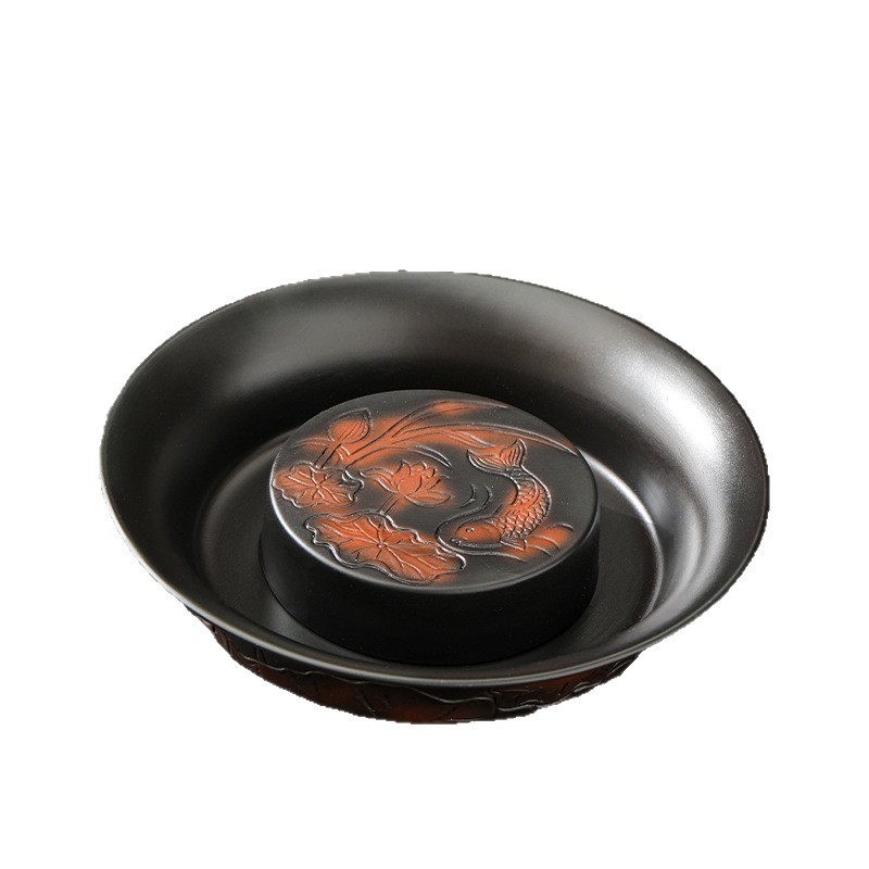 Tavă de ceai din ceramică purpurie cu pește care se joacă într-un iaz cu lotus, tavă rotundă în stil chinezesc, accesorii pentru setul de ceai de uz casnic