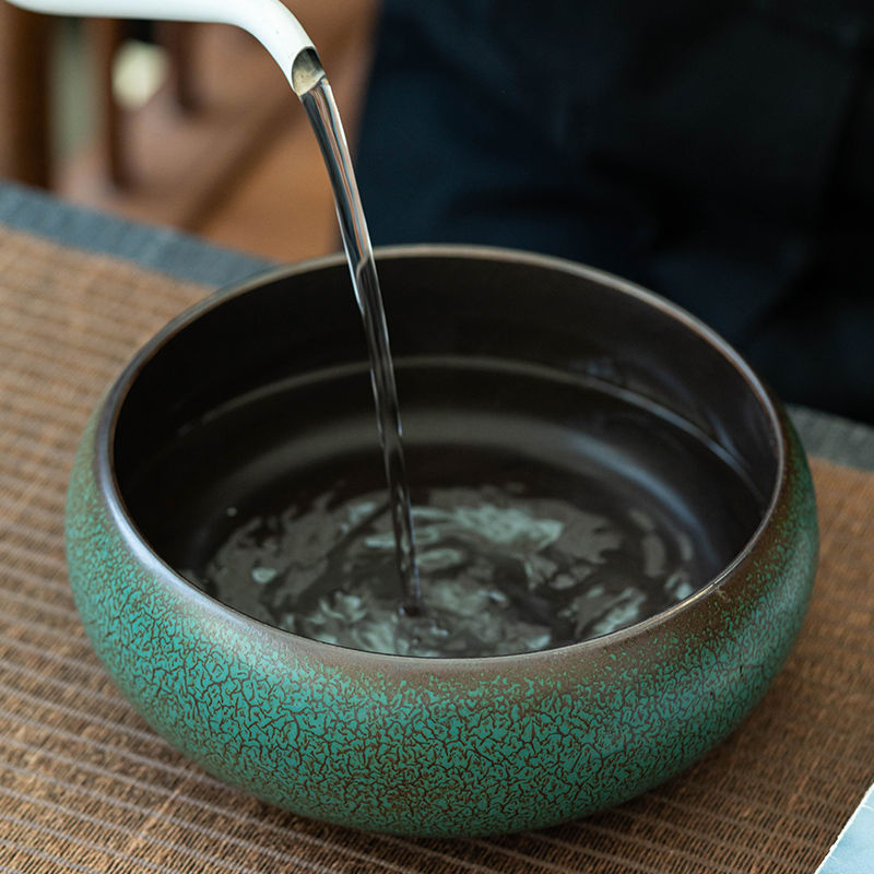 Vas de spălat ceai în stil japonez, glazură verde, mare, accesoriu ceramic Gongfu pentru ceai: bazin de apă, spălător de ceai și borcan pentru zațul ceaiului