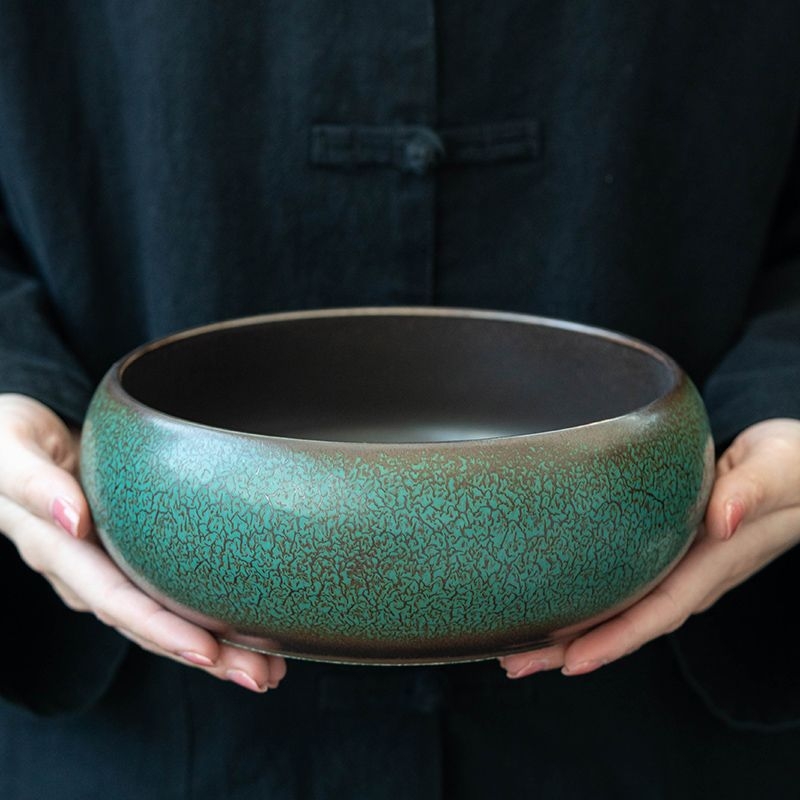 Vas de spălat ceai în stil japonez, glazură verde, mare, accesoriu ceramic Gongfu pentru ceai: bazin de apă, spălător de ceai și borcan pentru zațul ceaiului