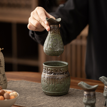 Set de ceai și vin din ceramică brută cu glazură verde, stil chinezesc, accesorii pentru ceai