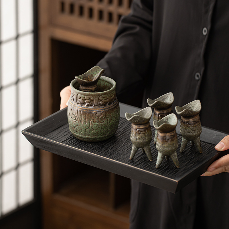 Set de ceai și vin din ceramică brută cu glazură verde, stil chinezesc, accesorii pentru ceai