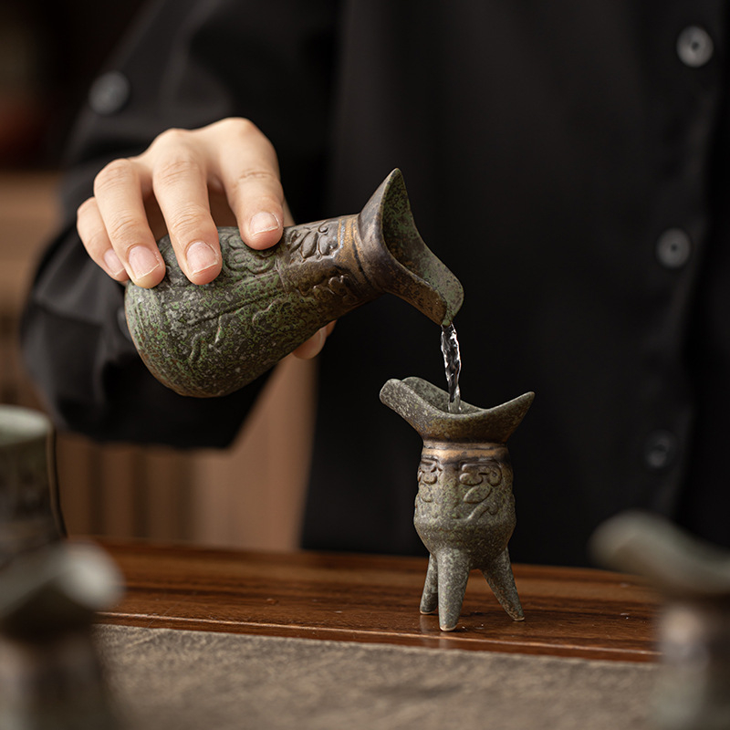 Set de ceai și vin din ceramică brută cu glazură verde, stil chinezesc, accesorii pentru ceai