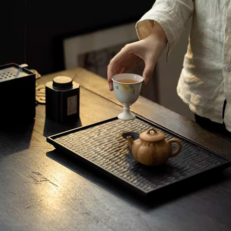 Suport din lemn pentru ceainic și tavă de ceai în stil japonez wabi-sabi, lemn de camfor carbonizat, accesorii pentru ceai