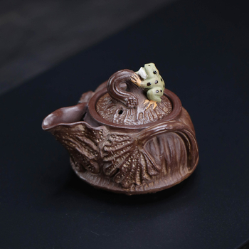 Ceainic Yixing din lut Purple Sand, ceain Gongdao pentru distribuția uniformă a ceaiului, sculptură broasca-lotus, accesoriu pentru ceremonia ceaiului, lucrat manual